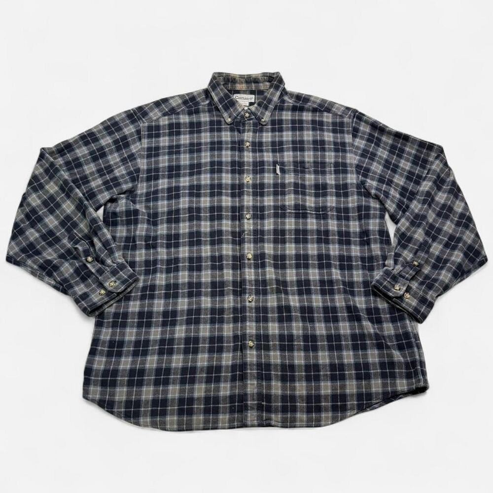Carhartt Plaid Flannel Button Down Shirt Men’s 2XL Blue Gray Workwear Cotton